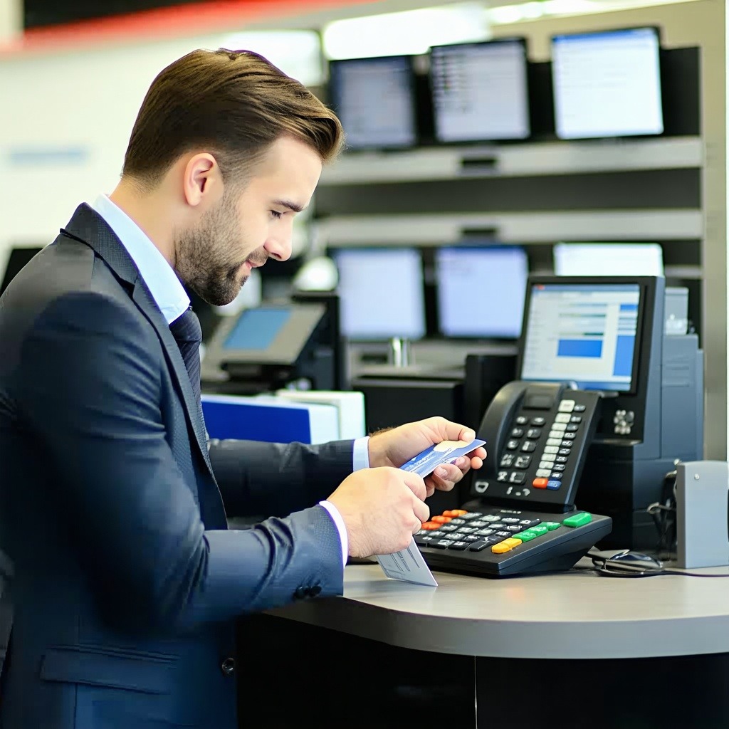 a photo of a bank teller assisting a client on his desk