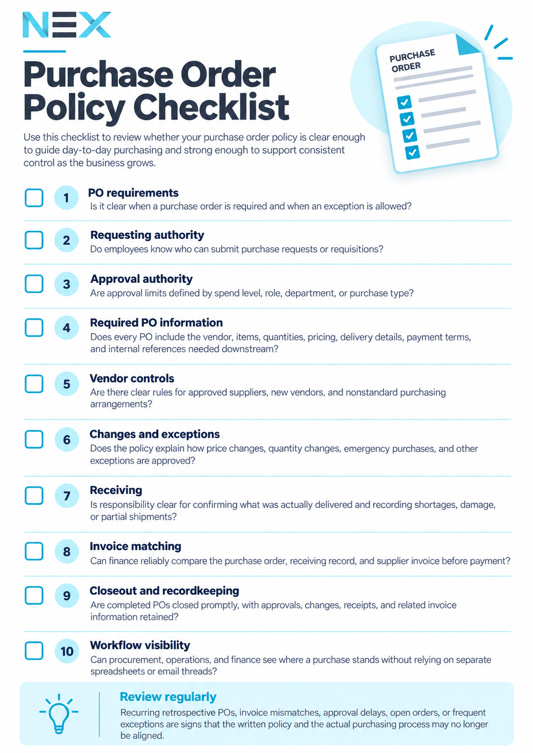 Purchase order policy checklist