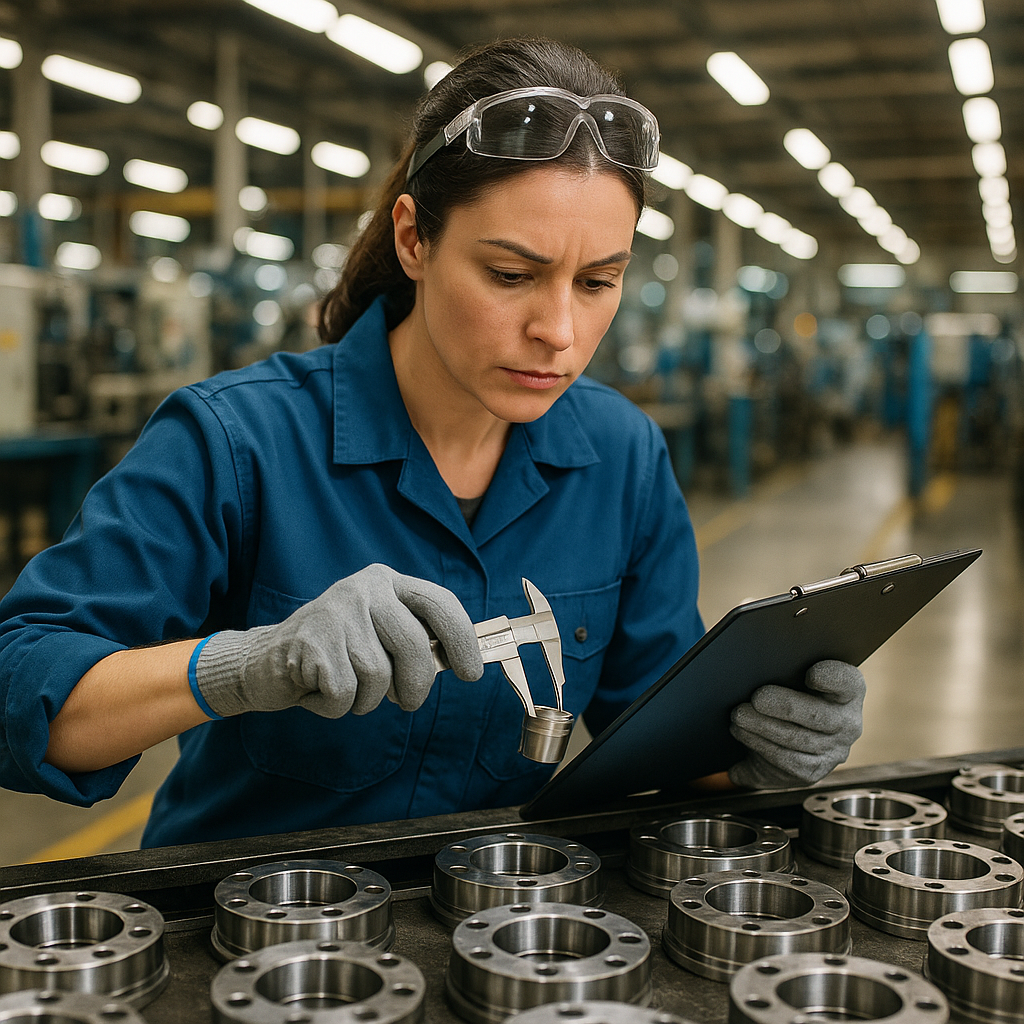 Inside a bustling manufacturing facility a focused woman in a blue work uniform meticulously inspects a freshly produced batch of components on a conveyor belt With safety goggles perched on her forehead and gloves on her hands she examines each item-1