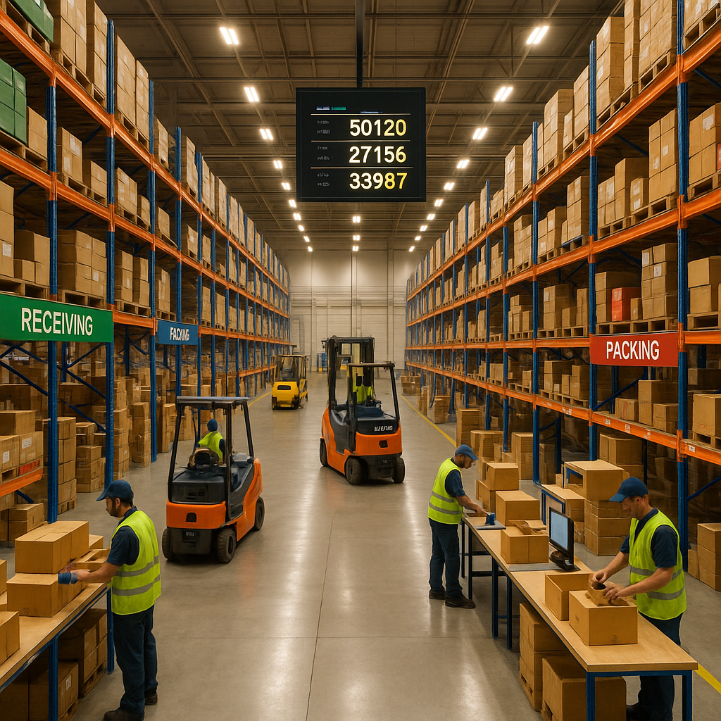 Inside a modern warehouse bright overhead lights cast a warm glow over the spacious interior illuminating wide aisles flanked by tall meticulously organized shelving units filled with an array of colorful boxes and goods Forklifts glide smoothly acro-1