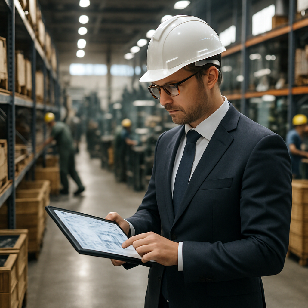 The image depicts a focused businessman or manager standing amidst rows of industrial shelves in a bustling manufacturing warehouse He is wearing a sleek tailored suit complemented by a hard hat for safety and is intently examining a tablet in his ha