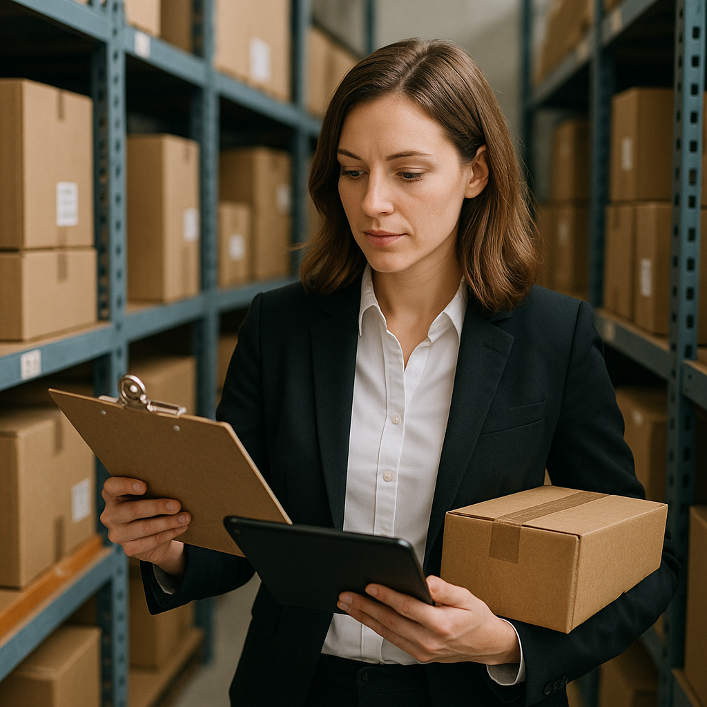 a photo of a business woman checking orders and inventory-1