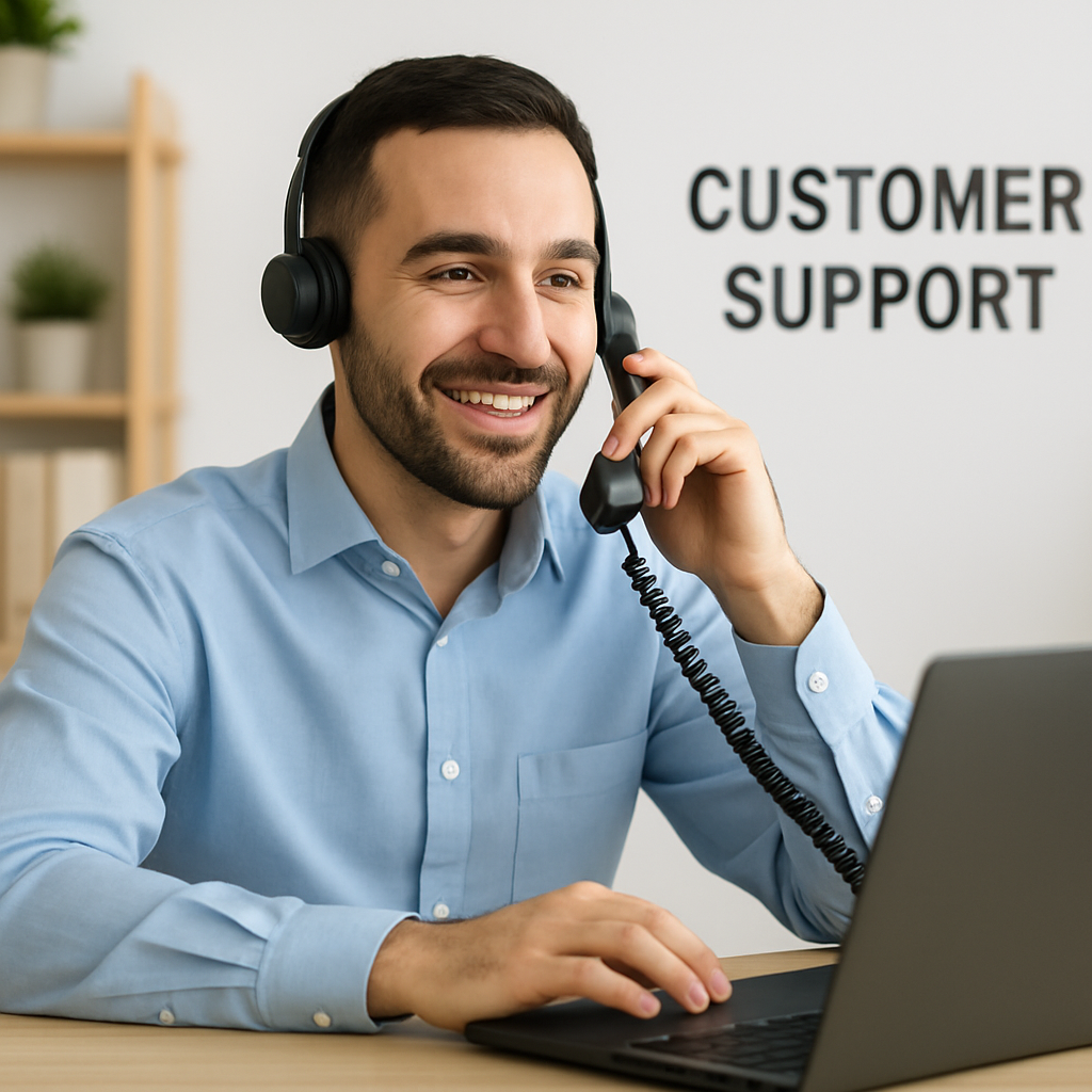 a photo of a man customer support talking to a customer via phone-1